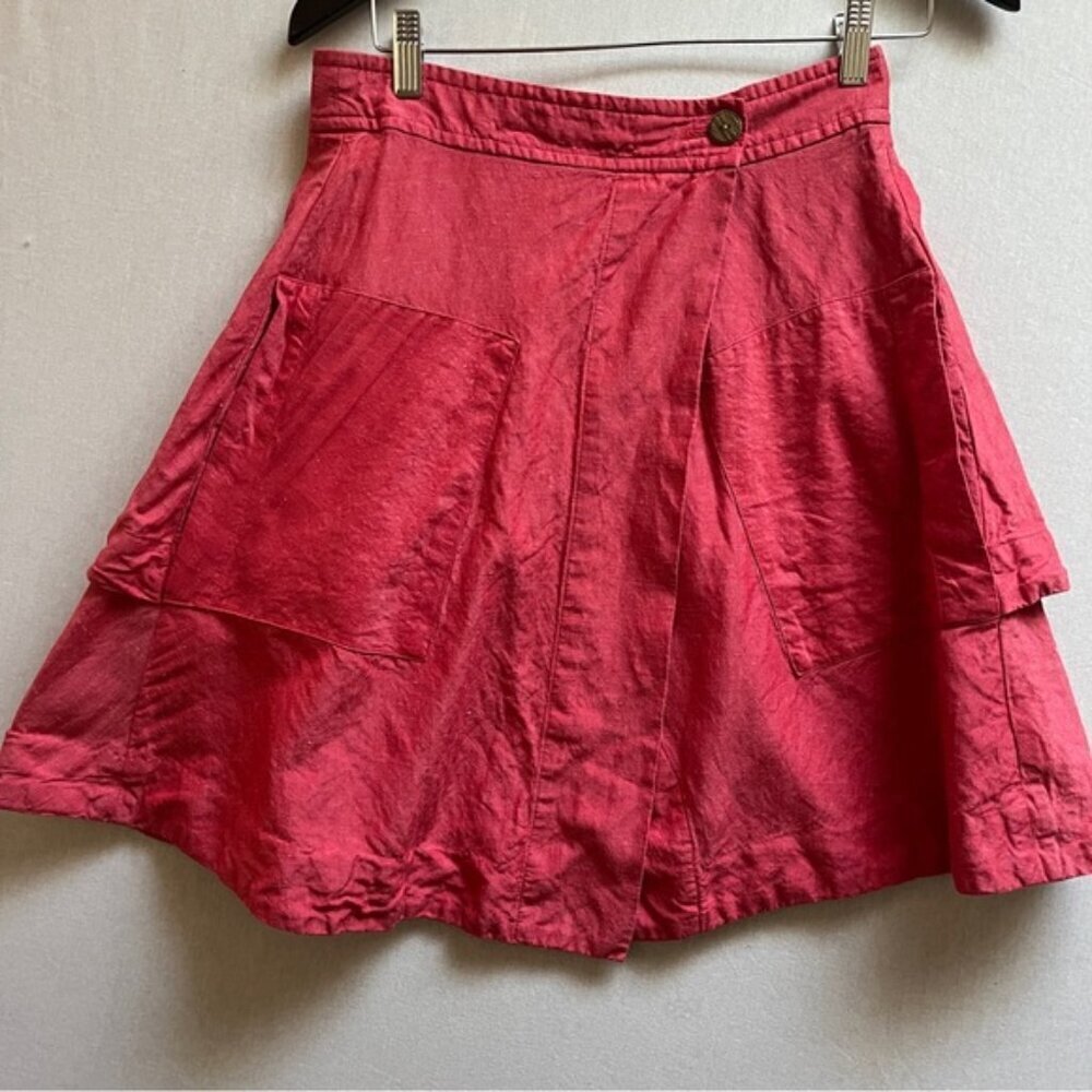 Anthropologie Silk Linen Blend Wrap Skirt True Red Size 8